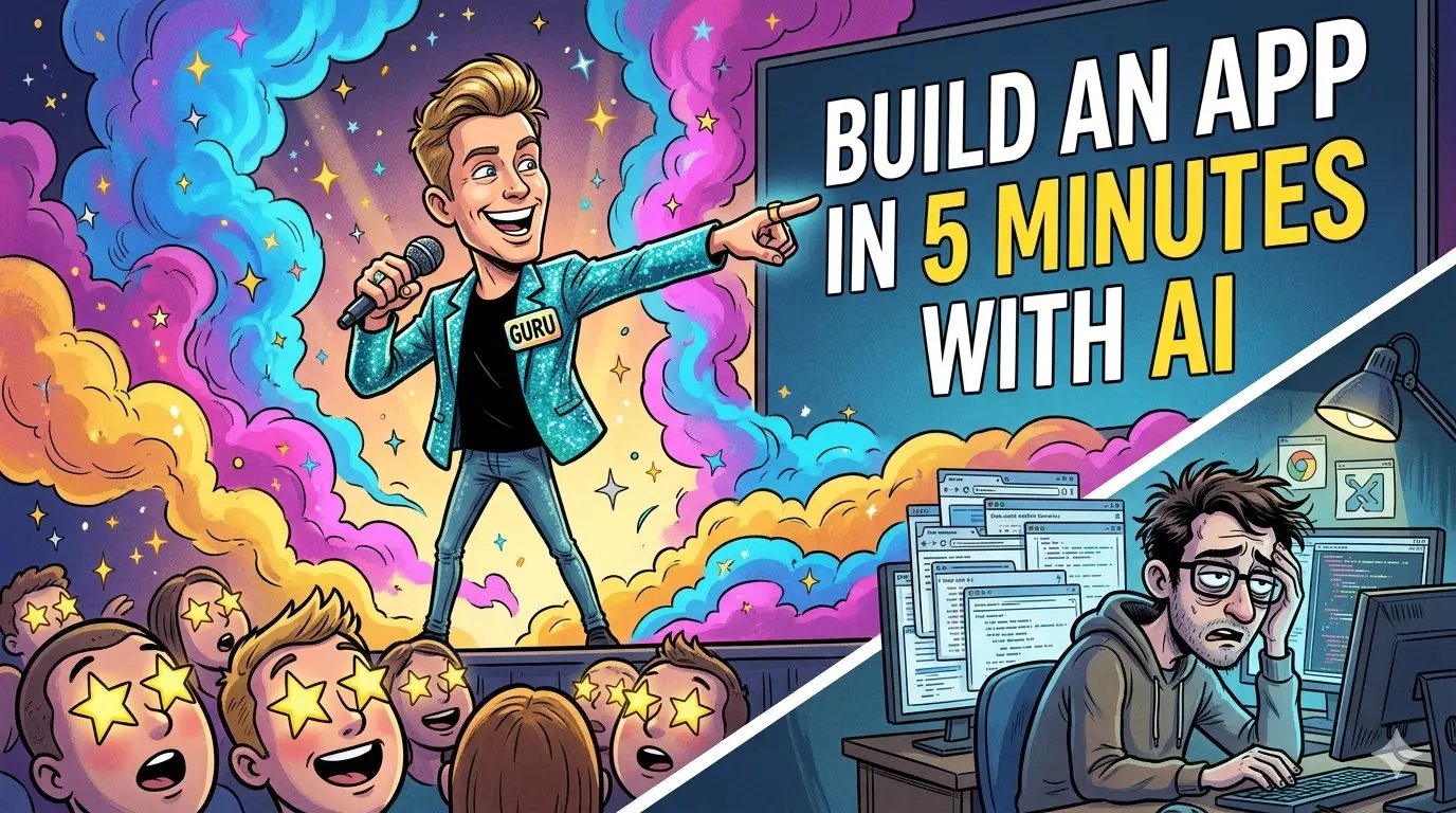 Persona rodeada de humo vendiendo cursos de IA como solución mágica