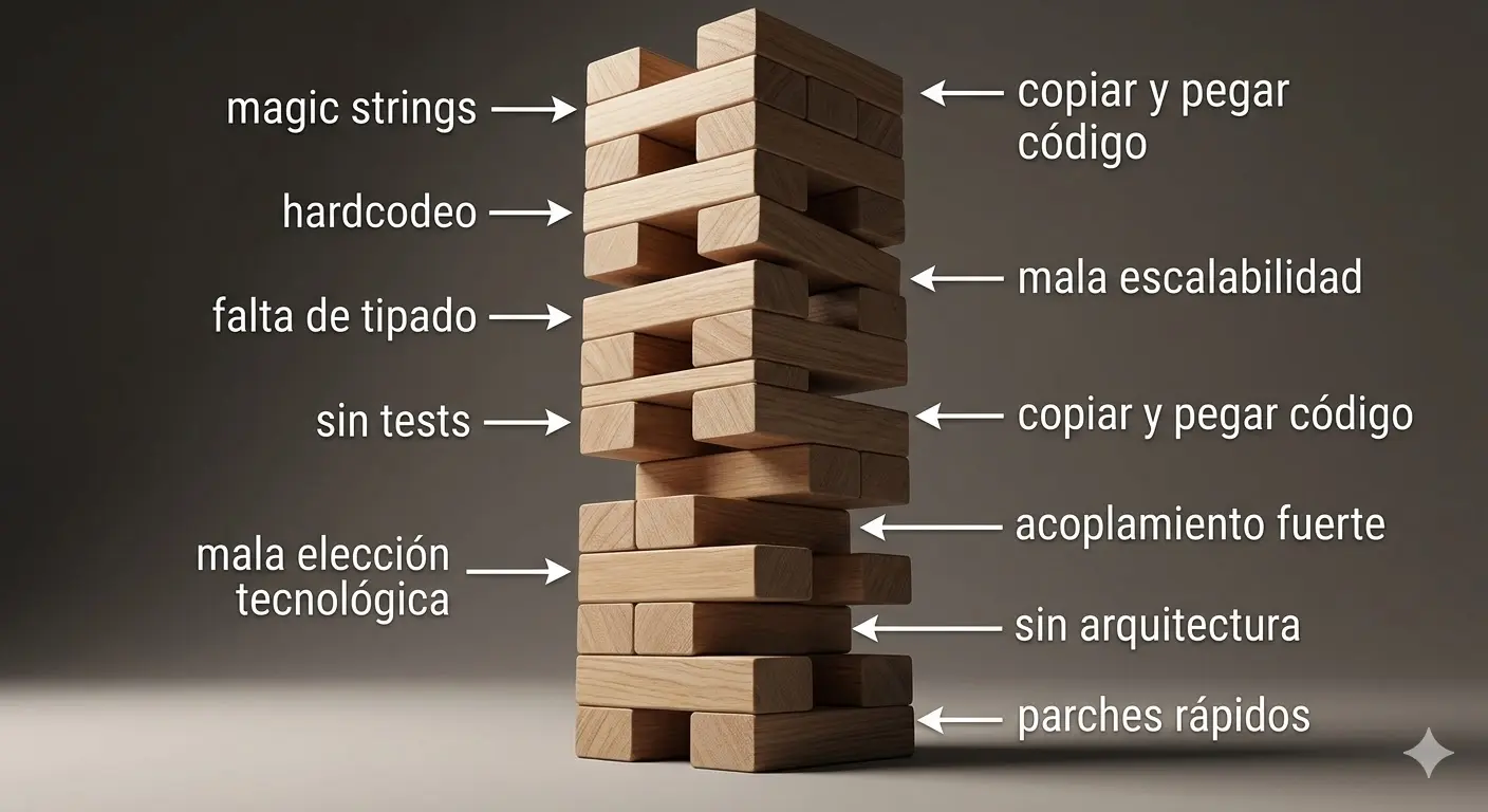 Torre de Jenga inestable como metáfora de un proyecto sin fundamentos sólidos