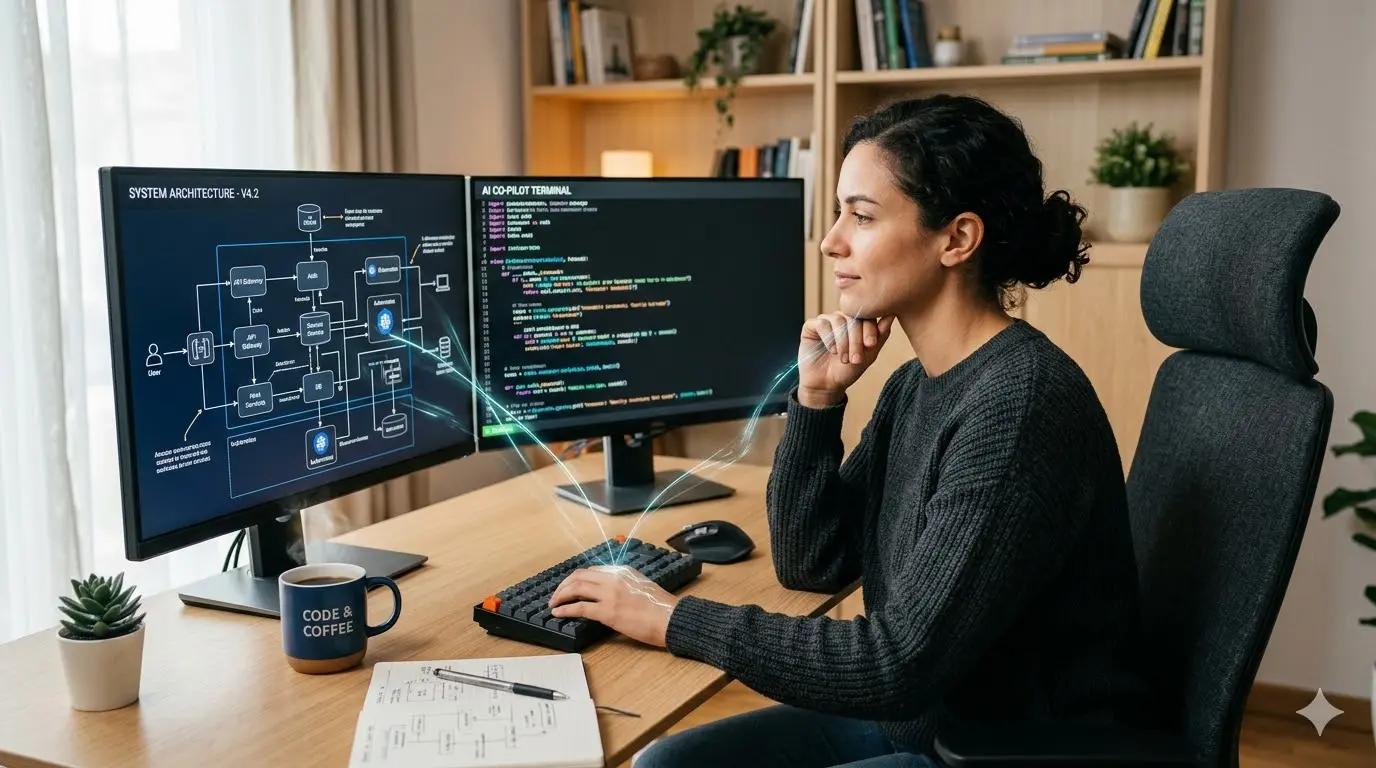 Desarrollador dirigiendo el trabajo de un agente de IA desde su escritorio